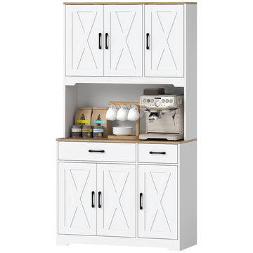 Tall Kitchen Pantry, 6 Doors, 2 Drawers, Adjustable Shelves & Worktop, Rustic Storage Cabinet for Living Room White