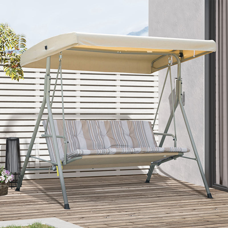 3-Seat Patio Swing Chair, Outdoor Porch Swing Glider with Adjustable Canopy, Light Brown