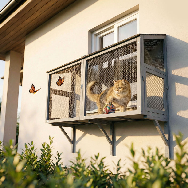 Catio Outdoor Cat Enclosure Expandable Wooden Cat House with 2 Doors for Window, 51.2