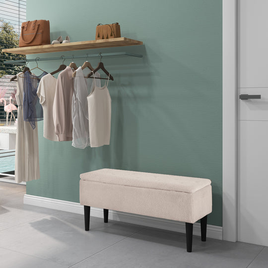 Modern Storage Bench, Ottoman with Storage and Lamb's Wool Upholstery for Living Room, Bedroom, Cream White