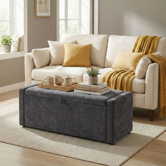 Storage Ottoman Bench, Linen-Look Fabric Upholstered Ottoman with Storage, Wide Padded Seat, Dark Grey