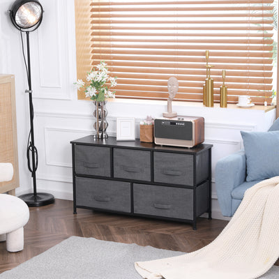 Linen Drawer Cabinet Organizer Storage Dresser Tower with 5 Removable Drawer Metal Frame Adjustable Feet for Living Room, Kitchen, Bathroom, Dark Grey