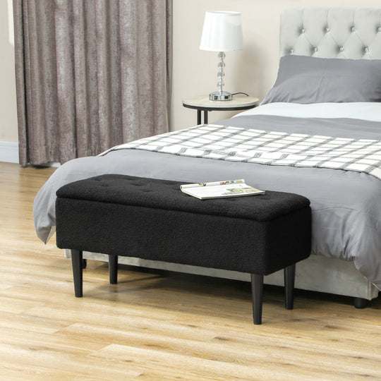 Modern Storage Bench, Ottoman with Storage and Lamb's Wool Upholstery for Living Room, Bedroom, Black