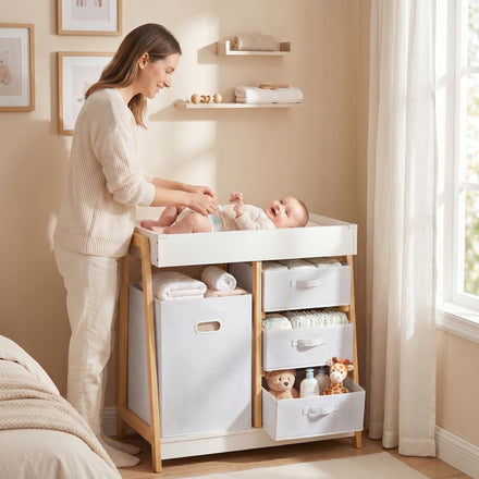 Baby Changing Table, Diaper Changing Station with Waterproof Pad, 3 Drawers and Large Basket for Newborn & Infant, White