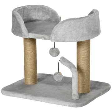 Cat Tower Condo for Indoor Cats, Small Cat Tree with Jute Scratching Posts, Top Perch, Dangling Balls, Light Grey