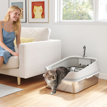 Cat Litter Box Stainless Steel with Metal Litter Scoop, Never Absorbs Odors, Anti Leakage, 24