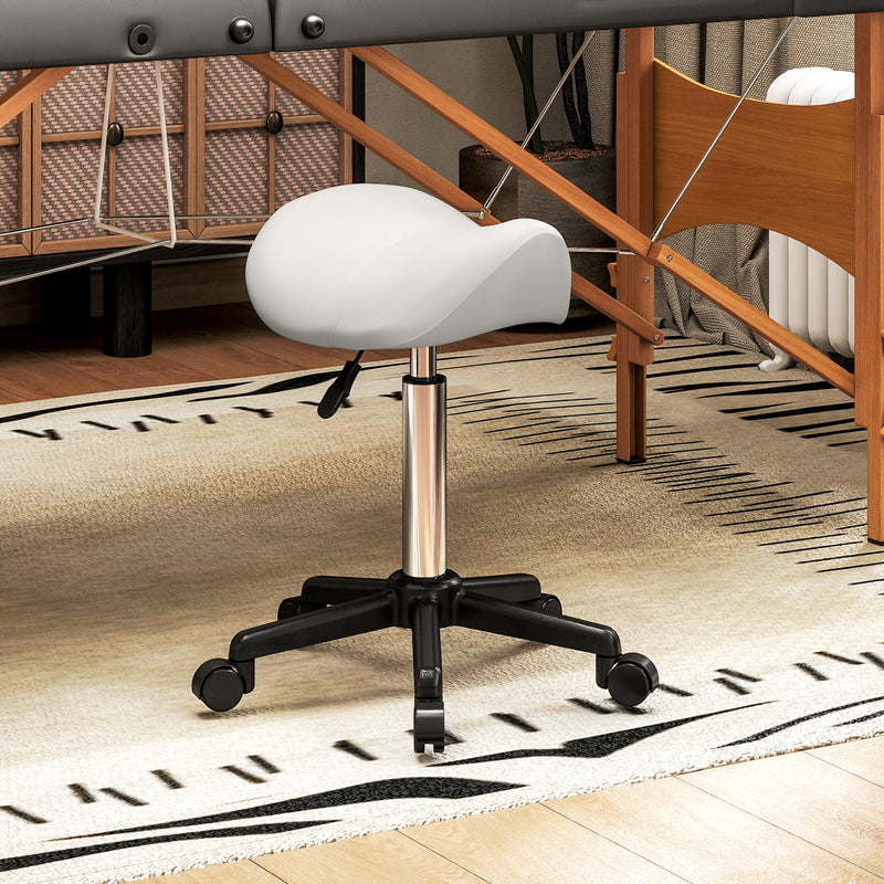 Saddle Stool, Adjustable Rolling Stool, White