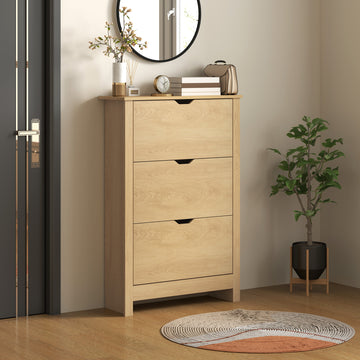 Shoe Storage Cabinet with 3 Flip Drawers and Adjustable Shelves for 18 Pairs of Shoes, Natural Wood