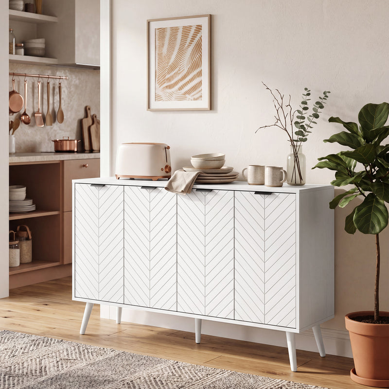 Modern Sideboard and Buffet, Dining Room Cabinet with Adjustable Shelves and 4 Doors, White