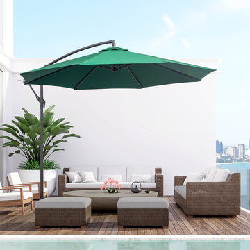 10' Deluxe Patio Umbrella, Outdoor Market Parasol, Banana Hanging Offset Sunshade with Crank, Cross Base, Dark Green