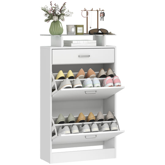 Shoe Cabinet, Slim Shoe Organizer Cabinet with 2 Flip Drawers, Adjustable Shelves, Drawer and Glass Top