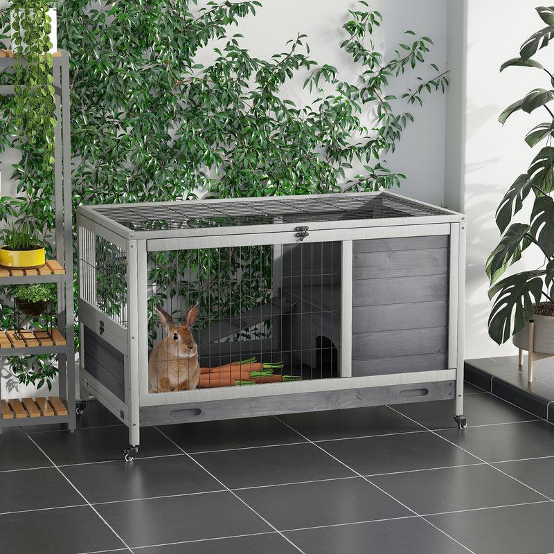 Wooden Indoor Rabbit Hutch Elevated Bunny Cage Habitat with Enclosed Run with Wheels, Suitable for Rabbits and Guinea Pigs, Grey
