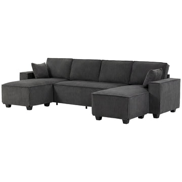 Modular U Shaped Couch, Sectional Sofa with Double Chaises and Spring Cushions, Dark Grey
