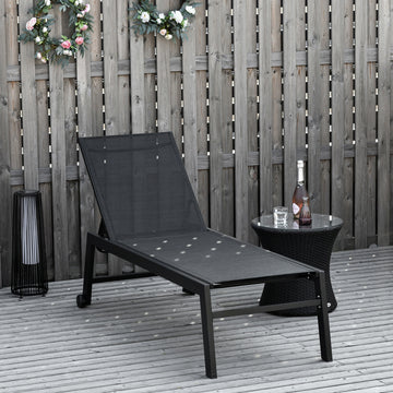 Outdoor Lounge Chair, Patio Lounger with 5-Position Reclining Backrest and 2 Wheels for Poolside, Beach, Lawn, Black