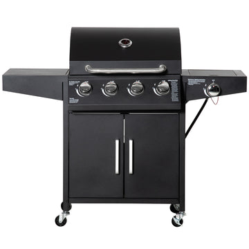 4+1 Burner Liquid Propane Gas Grill Outdoor Cabinet Style BBQ Trolley w/ Side Burner, Warming Rack, Side Shelf, Storage Cabinet, Thermometer, 4 Wheels, Carbon Steel