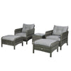 5 Pieces Wicker Patio Furniture Sofa Set Thick Padded Cushions, Outdoor PE Rattan Conversation Coffee Set with Armchairs, Footstools and Glass Top Table, Light Grey