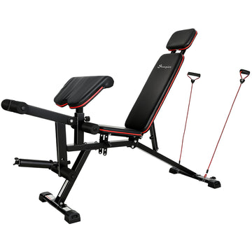 Soozier Adjustable Weight Bench with Wheels, Load 660LBS Workout Bench with Leg Extension, Preacher Curl and Resistance Bands