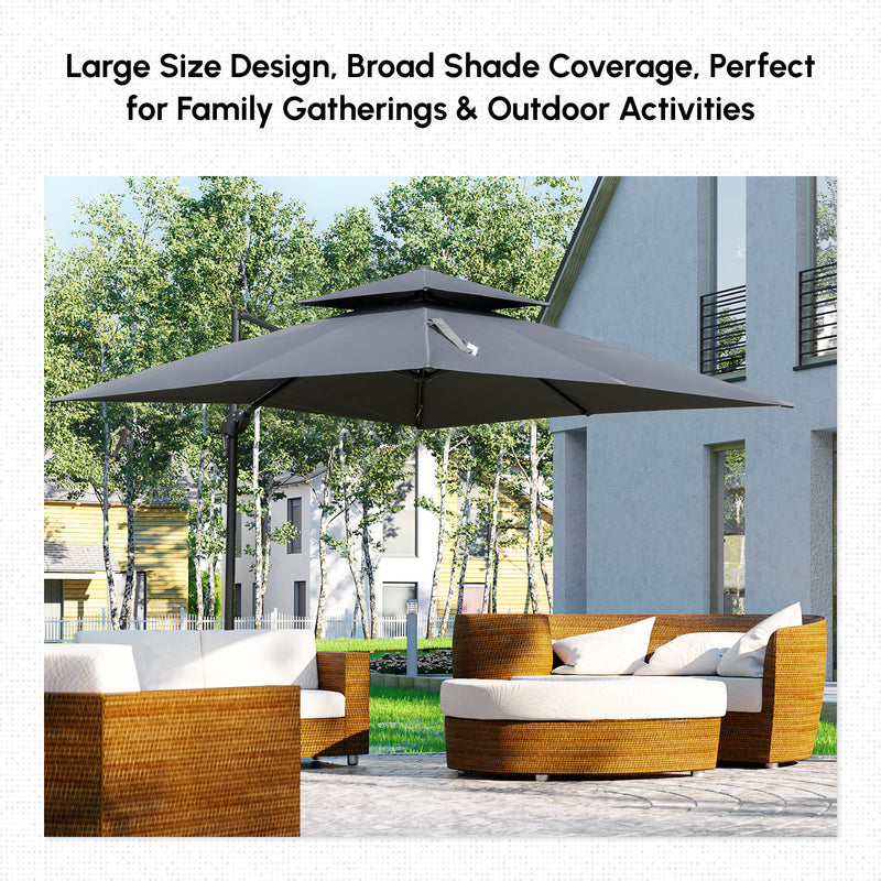 10' x 10' Cantilever Patio Umbrella, Double Top Square Offset Umbrella with 360° Rotation, 5 Adjustable Tilt Angles, Umbrella Cover, Aluminum Pole and Ribs