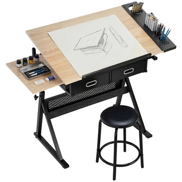 Adjustable Drafting Table, Art Desk Drawing Table Workstation with Stool and Storage Drawers for Painting, Oak