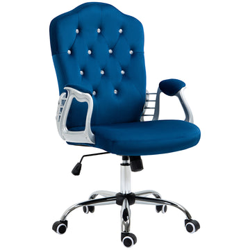 Office Chair, Velvet Computer Desk Chair with Swivel Wheels, Adjustable Height, Tilt Function, Button Tufted, Blue