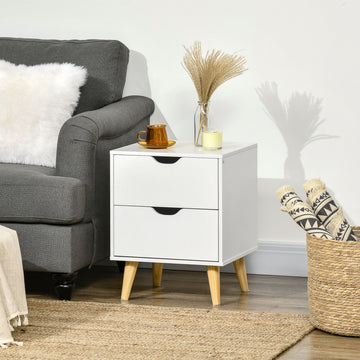 Modern Bedside Table, Nightstand with 2 Drawers and Pine Wood Legs for Bedroom, Living Room, White