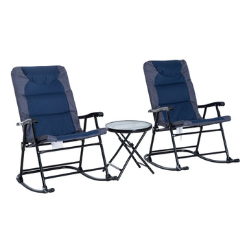 3pc Patio Foldable Rocking Chair Set, Outdoor Rocking Chairs and Table Bistro Set w/ Padded Seat, Headrest, Backrest for park, backyard, garden, Blue