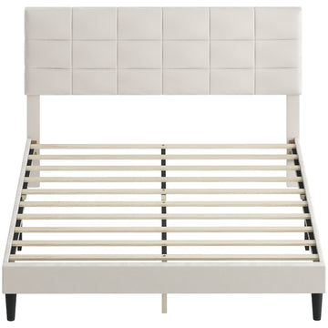 Queen Size Bed Frame with Upholstered Headboard, Modern Platform Bed Frame with Wood Slats, 1100 lbs Capacity, Cream