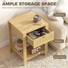 Boho Side Tables Set of 2, End Tables with Drawer and Open Shelf for Living Room, Natural Wood