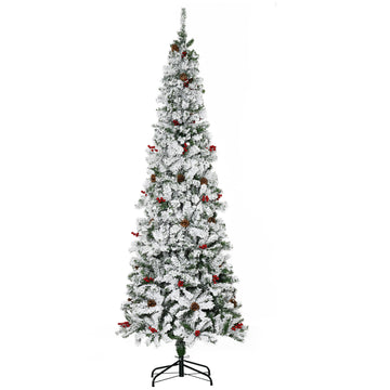 7.5 Foot Pencil Snow Flocked Artificial Christmas Tree with 950 Pine Realistic Branches, Pine Cones, Red Berries, Auto Open, Green