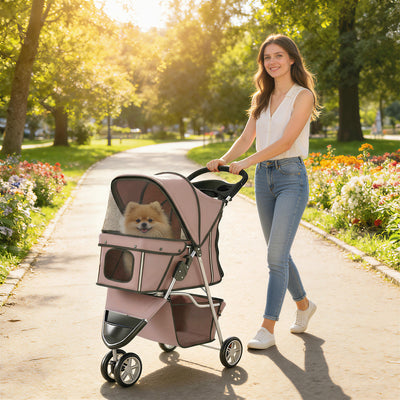 3 Wheels Foldable Dog Stroller with Storage Basket, Adjustable Canopy, Cupholder for Miniature and Small Dogs, Coffee