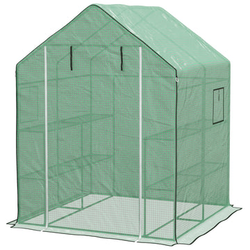 4.6' x 4.7' x 6.2' Walk-in Greenhouse with 3 Tier 8 Shelves, Outdoor Green House with Reinforced PE Cover, Garden Plant Grow Hot House Roll-up Door and Mesh Windows, Green