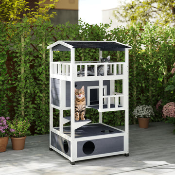 4-Floor Wood Outdoor Cat House Catio for Cats with Condo, Fun Entrances, Perch