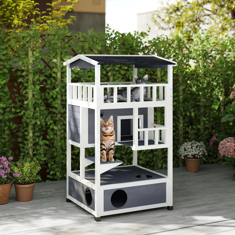 4-Floor Wood Outdoor Cat House Catio for Cats with Condo, Fun Entrances, Perch