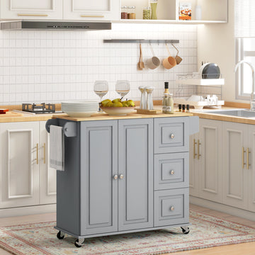 Kitchen Island on Wheels, Kitchen Cart with Drop Leaf, Drawers, Grey