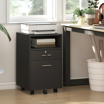 Small Filing Cabinet with 2 Drawers, Lockable Home Office Storage Cabinets on Wheels for A4, Letter Size, Black