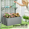 Wooden Raised Garden Bed with Trellis and Roof, Elevated Planter Box with 2 Shelves, Drainage Hole and Liner, Grey