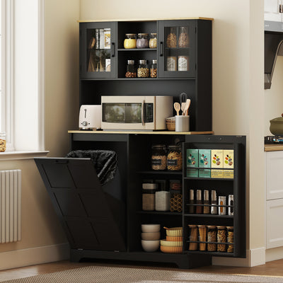 Kitchen Pantry Cabinet with Charging Station, 7 Gallon Trash Can Cabinet, Adjustable Shelves and Acrylic Doors, Black