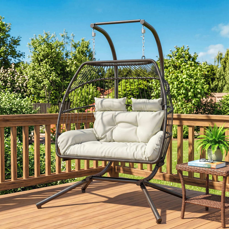 Double Wicker Egg Swing Chair with Stand, Foldable Hanging Egg Chair with UV Resistant Cushion, Headrest