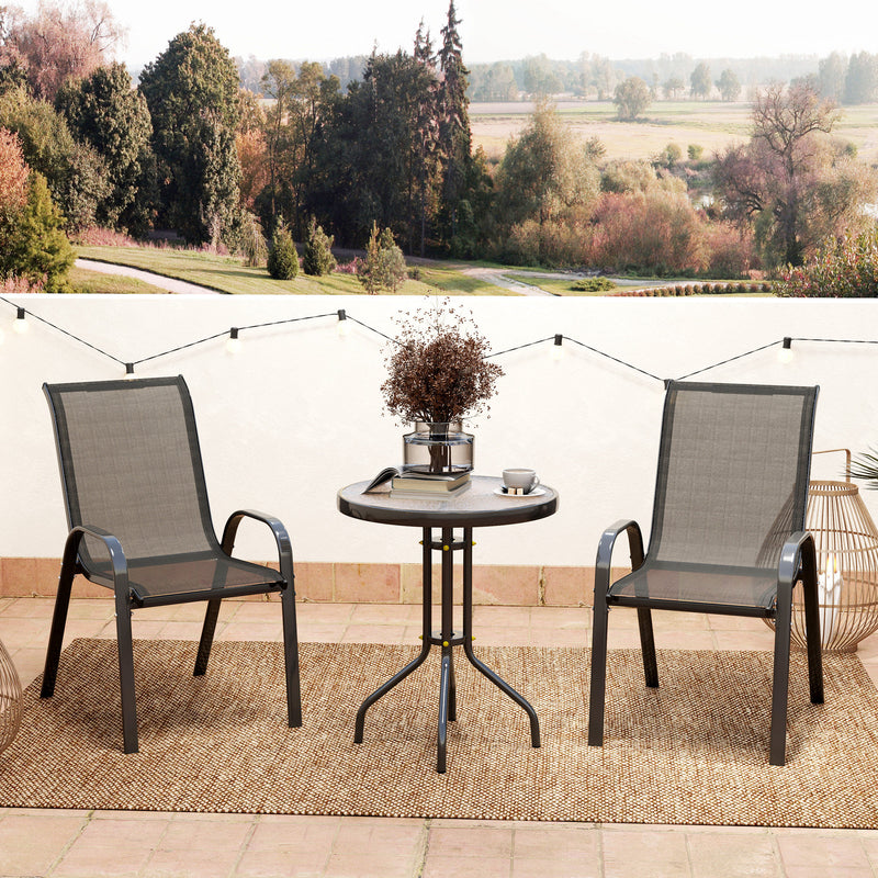 3 Pieces Bistro Set, Small Patio Furniture Set with Stackable Mesh Chairs, Glass Table for Garden, Balcony, Black