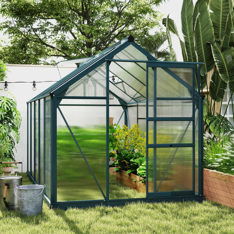 6' x 10' x 6.6' Polycarbonate Greenhouse, Walk-In Green House Kit Garden, Plants Grow, Galvanized Sheet Aluminum Frame with Rain Gutter, Vents and Sliding Door