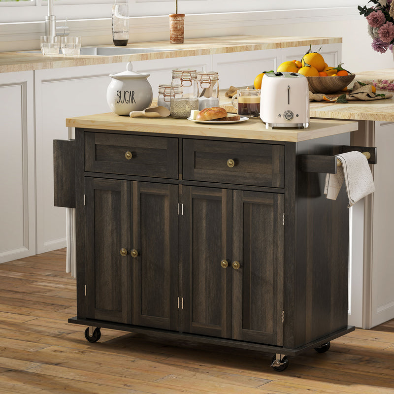 Rolling Kitchen Island with Rubber Wood Top and Storage, Spice Rack, Towel Rack, Brown Oak