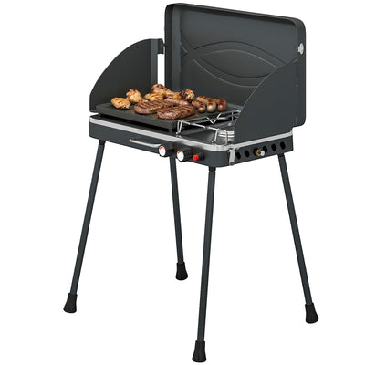 2-in-1 Camping Stove & Gas Griddle Combo, 20,000 BTU Portable Propane Grill with Detachable Legs, Wind Guards, Black