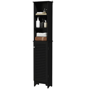 Tall Bathroom Storage Cabinet, Freestanding Linen Tower with 3-Tier Open Adjustable Shelf, White