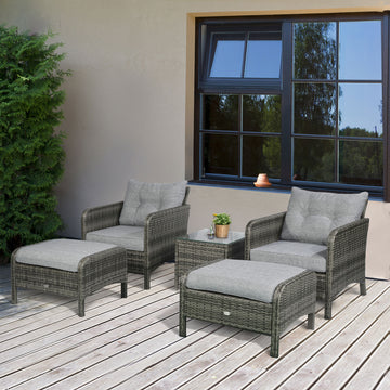 5 Pieces Wicker Patio Furniture Sofa Set Thick Padded Cushions, Outdoor PE Rattan Conversation Coffee Set with Armchairs, Footstools and Glass Top Table, Light Grey