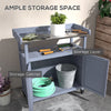 Outdoor Wooden Potting Bench with Storage Cabinet, Aluminum Tabletop, Rubber Wheels for Backyard, Patio, Balcony, Grey