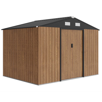 9.1'x6.4'x6.3' Garden Storage Shed w/ Foundation Kit Metal Tool Storage House w/ Double Doors, Teak Wood Effect