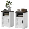 Set of 2 Side Tables with Barn Door and Open Shelf, Farmhouse End Tables with Cabinet, Nightstands for Living Room