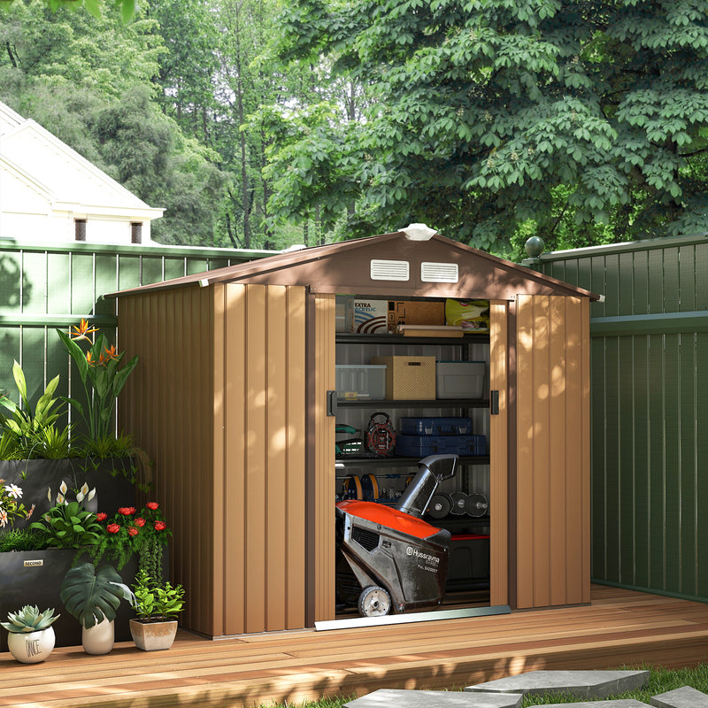 7' x 4' x 6' Garden Storage Shed Outdoor Patio Metal Tool Storage House w/ Foundation Kit and Double Doors, Earthy Yellow