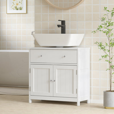 Modern Bathroom Vanity Cabinet, Freestanding Under Sink Storage with Drawer, U-Shaped Cutout for Pedestal Sink, White