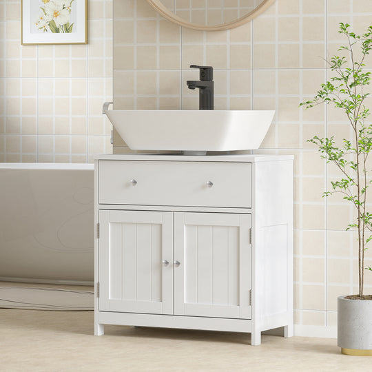 Modern Bathroom Vanity Cabinet, Freestanding Under Sink Storage with Drawer, U-Shaped Cutout for Pedestal Sink, White